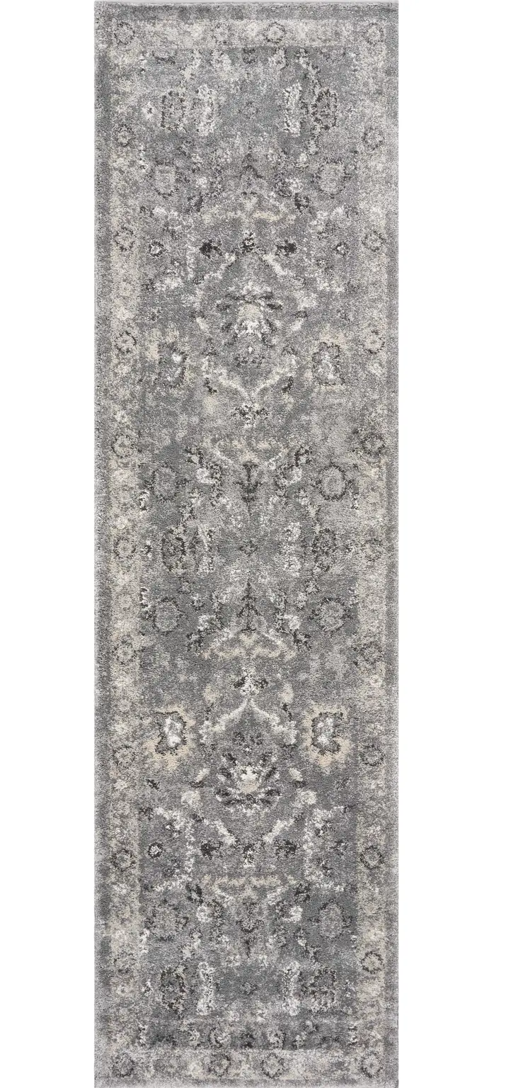 7' Gray Floral Worn Faded Runner Rug
