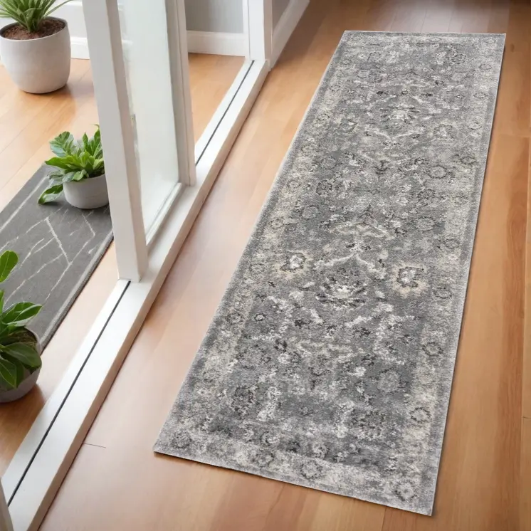 7' Gray Floral Worn Faded Runner Rug