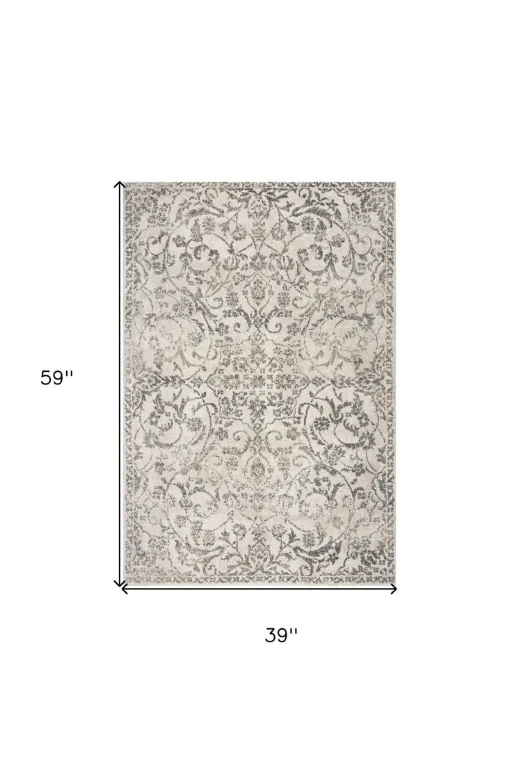 3' X 5' Ivory And Gray Floral Vines Distressed Area Rug