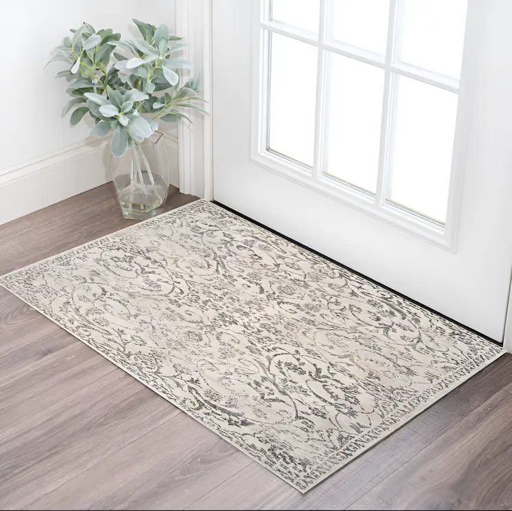 3' X 5' Ivory And Gray Floral Vines Distressed Area Rug