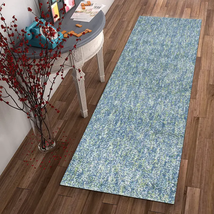 8' Blue And White Shag Hand Woven Runner Rug