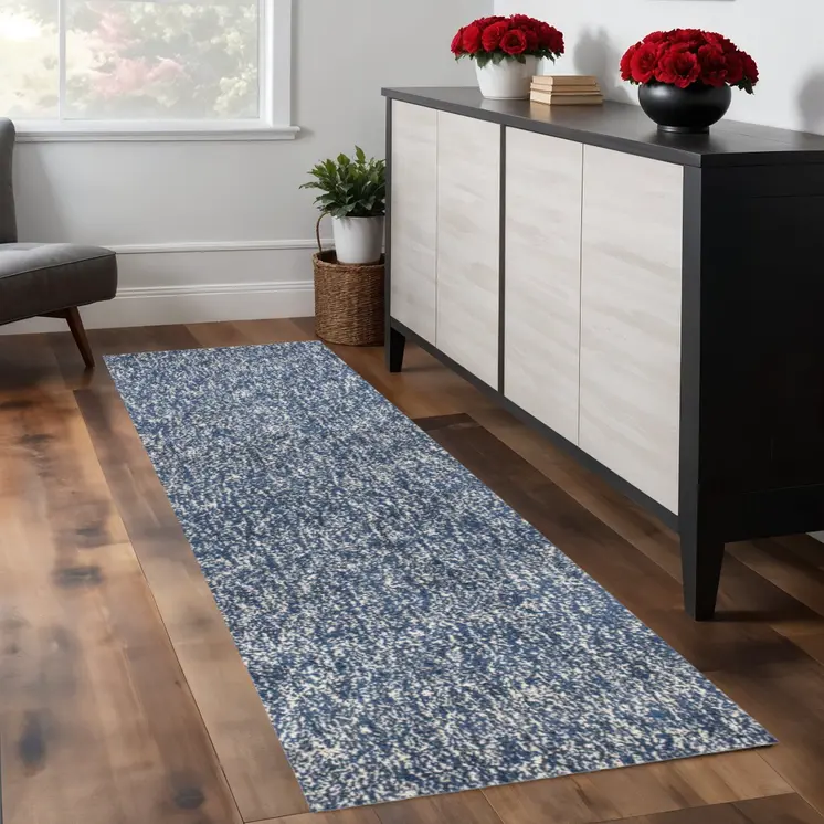 8' Indigo And Ivory Shag Hand Woven Runner Rug