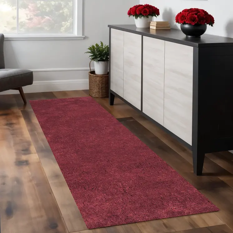 8' Red Shag Hand Woven Runner Rug