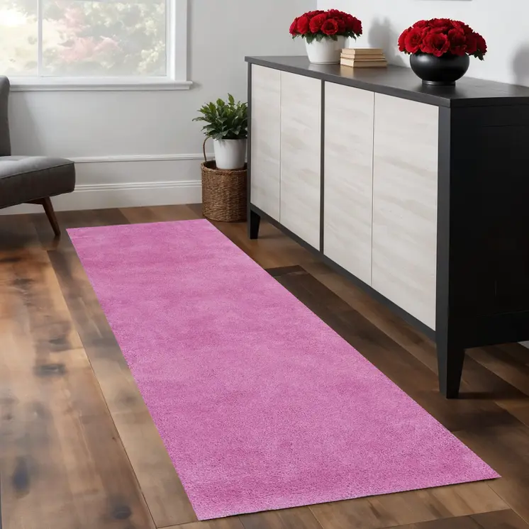 8' Hot Pink Shag Hand Woven Runner Rug