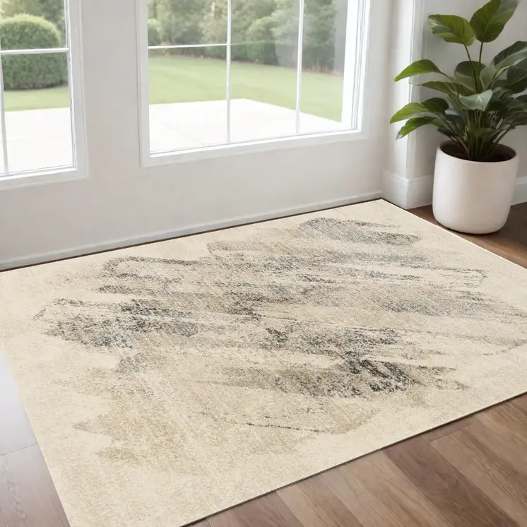 3' X 5' Gray and Ivory Abstract Worn Faded Area Rug