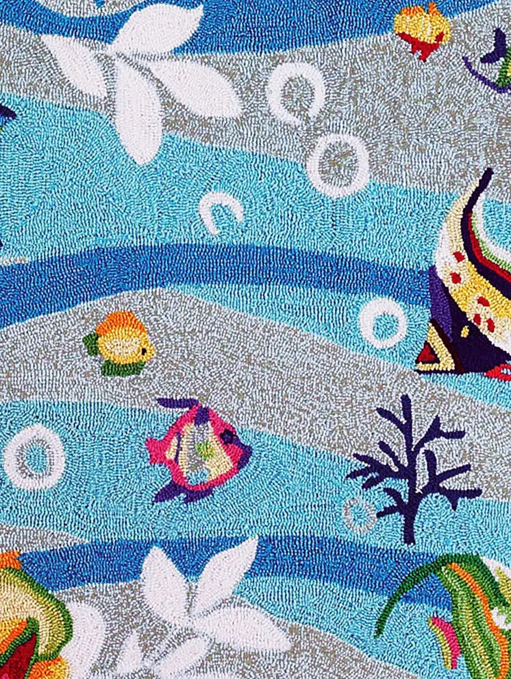 3' X 5' Blue White And Red Fish Hand Hooked Area Rug