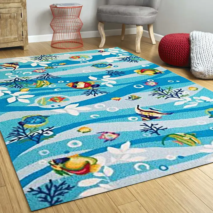 3' X 5' Blue White And Red Fish Hand Hooked Area Rug