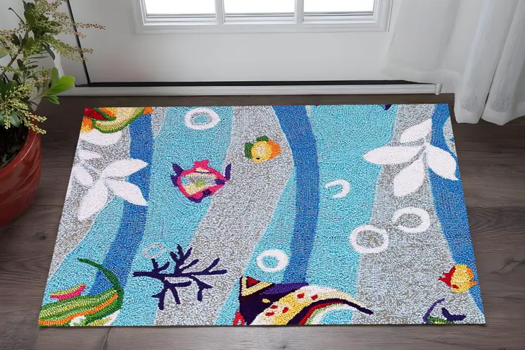 3' X 5' Blue White And Red Fish Hand Hooked Area Rug