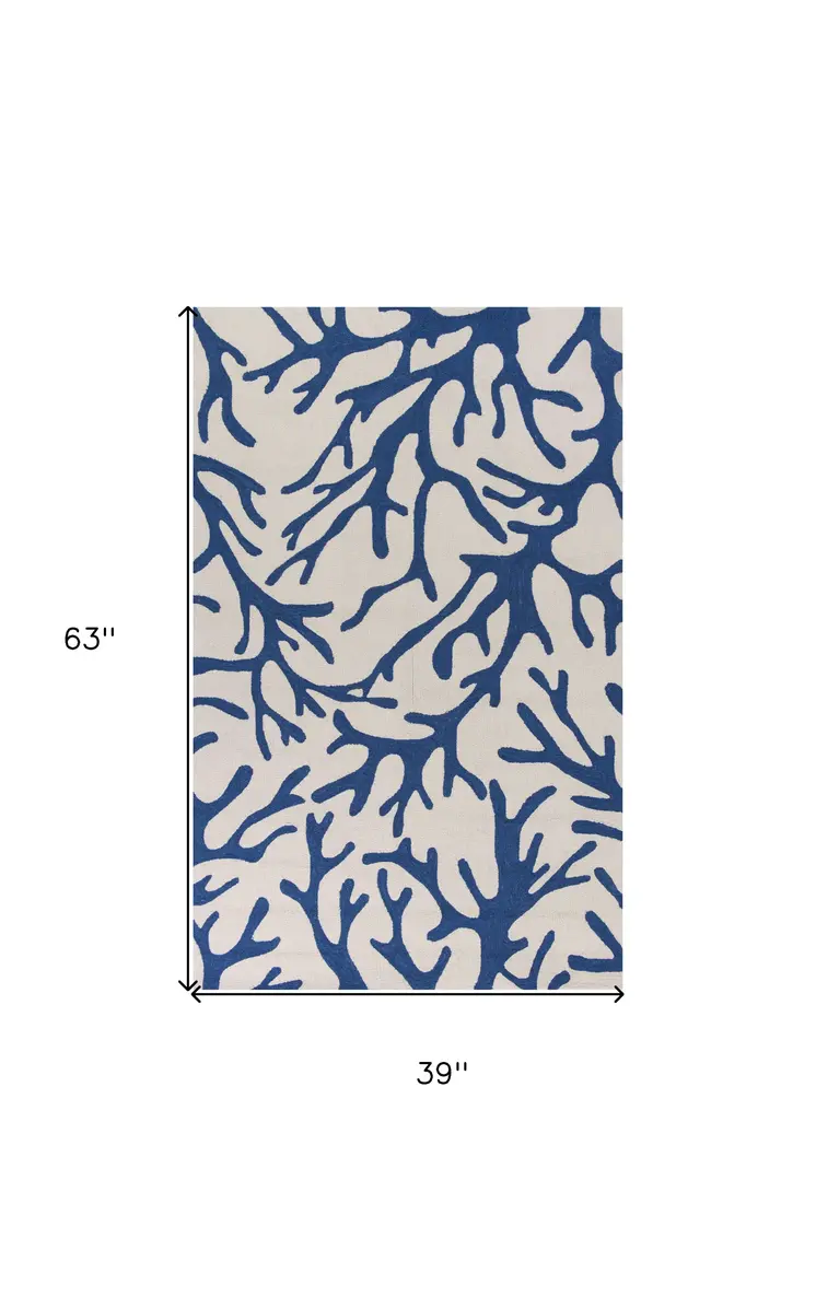 3' X 5' Ivory and Blue Coral Hand Hooked Area Rug