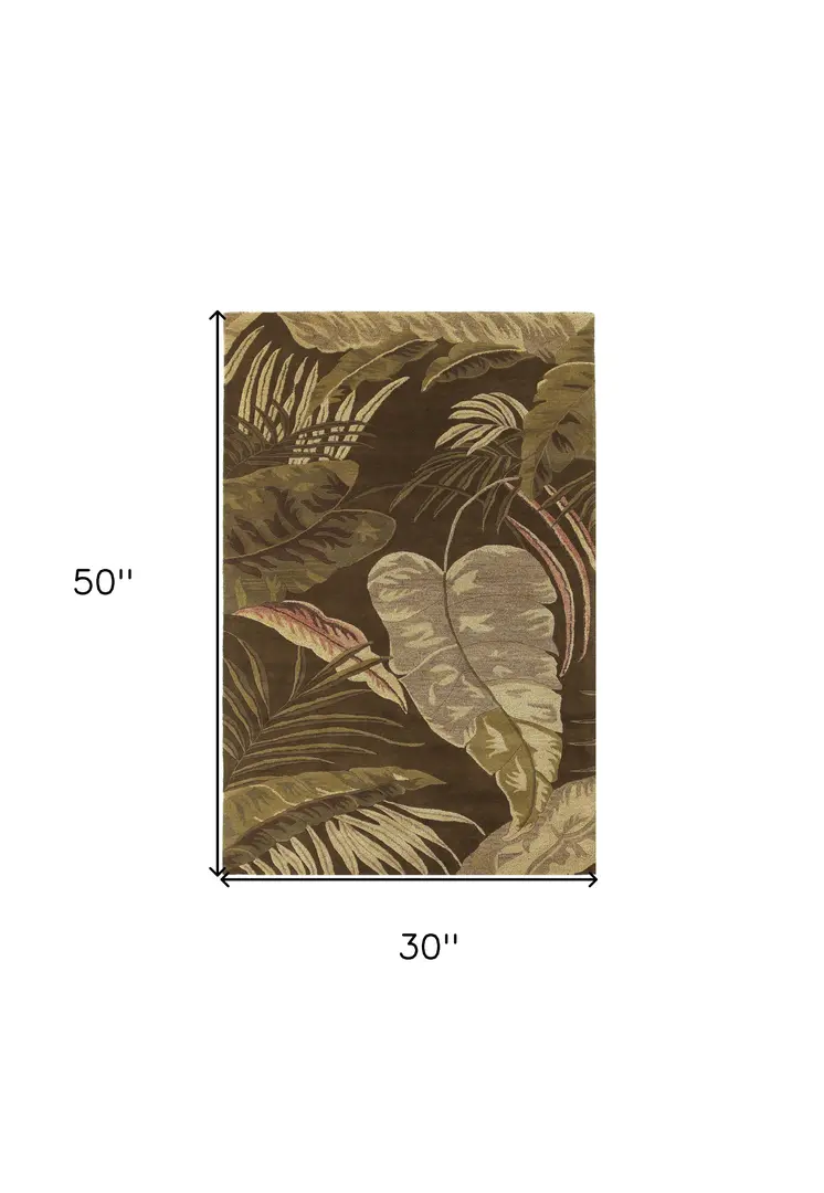 3' X 4' Brown And Green Wool Botanical Leaves Hand Tufted Area Rug