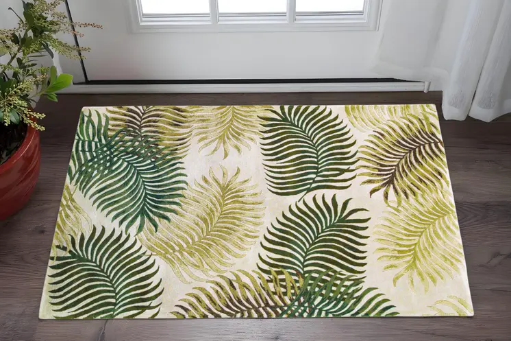2' X 4' Natural Fern Leaves Wool Area Rug