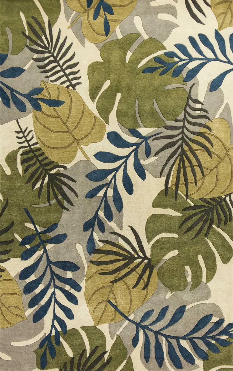3' X 4' Ivory Green And Blue Wool Botanical Leaves Hand Tufted Area Rug