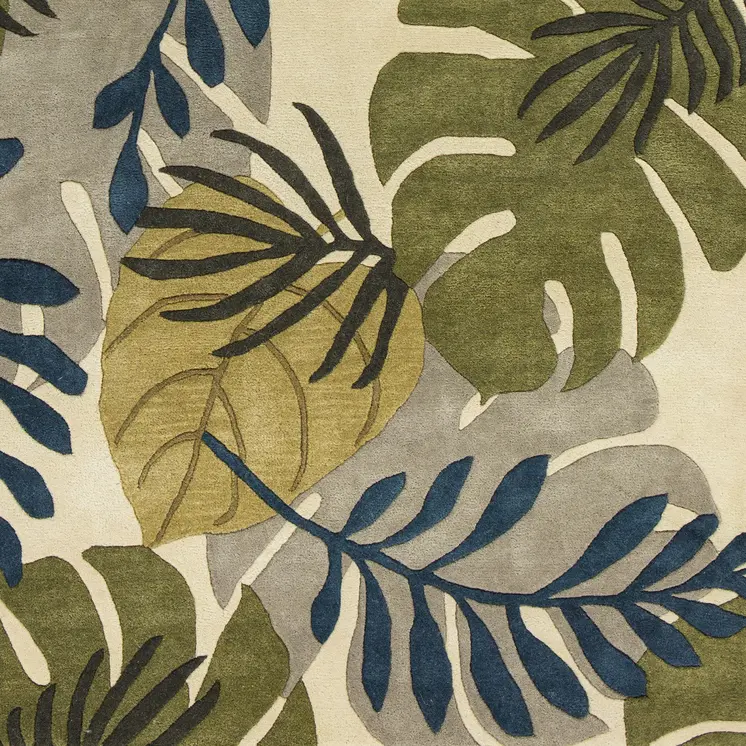 3' X 4' Ivory Green And Blue Wool Botanical Leaves Hand Tufted Area Rug