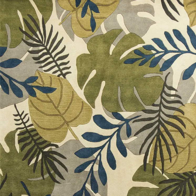3' X 4' Ivory Green And Blue Wool Botanical Leaves Hand Tufted Area Rug