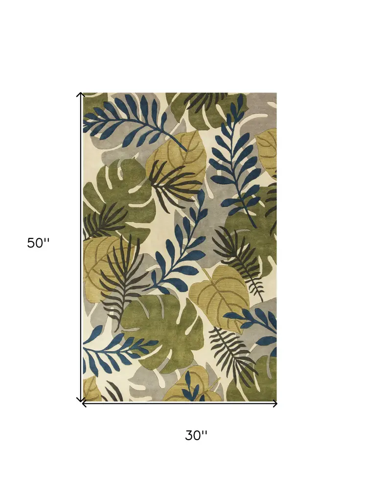 3' X 4' Ivory Green And Blue Wool Botanical Leaves Hand Tufted Area Rug