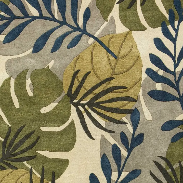 3' X 4' Ivory Green And Blue Wool Botanical Leaves Hand Tufted Area Rug