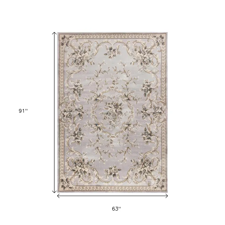 5' X 8' Light Grey Floral Vines Bordered Area Rug
