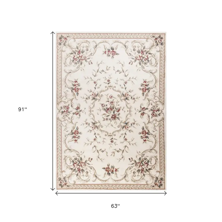 5' X 8' Ivory And Red Floral Area Rug