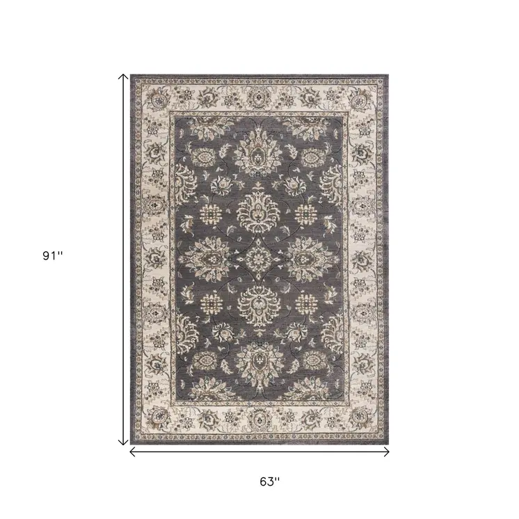 5' X 8' Gray And Ivory Floral Vines Area Rug