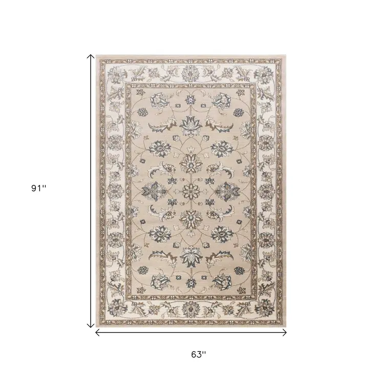 5' X 8' Beige And Ivory Floral Area Rug