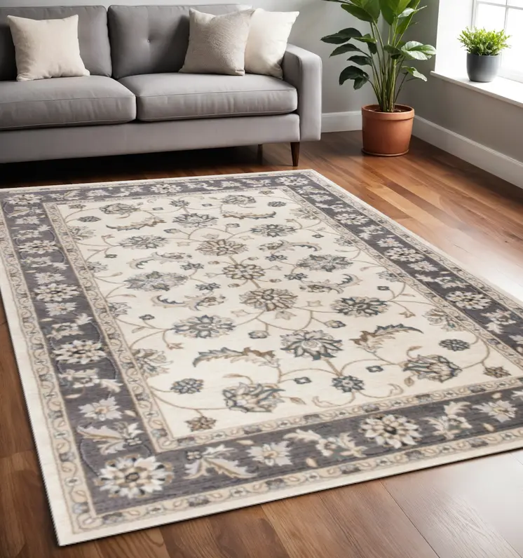 5' X 8' Ivory And Gray Floral Vines Area Rug