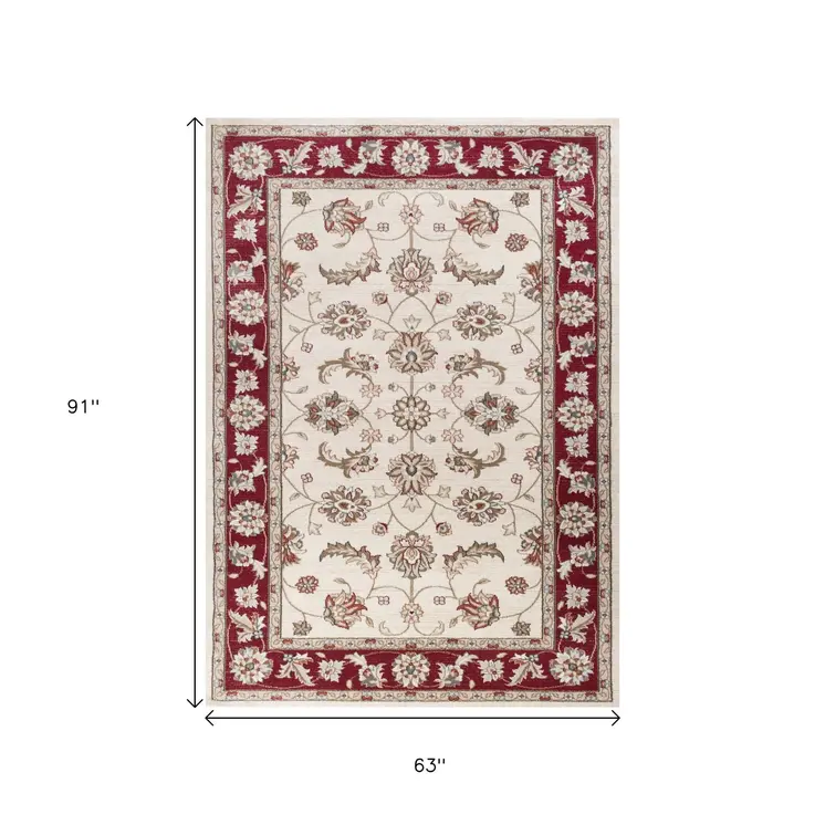 5' X 8' Ivory And Red Floral Area Rug