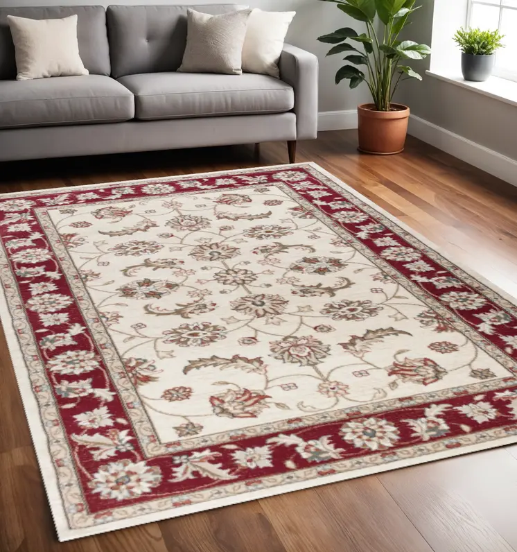 5' X 8' Ivory And Red Floral Area Rug