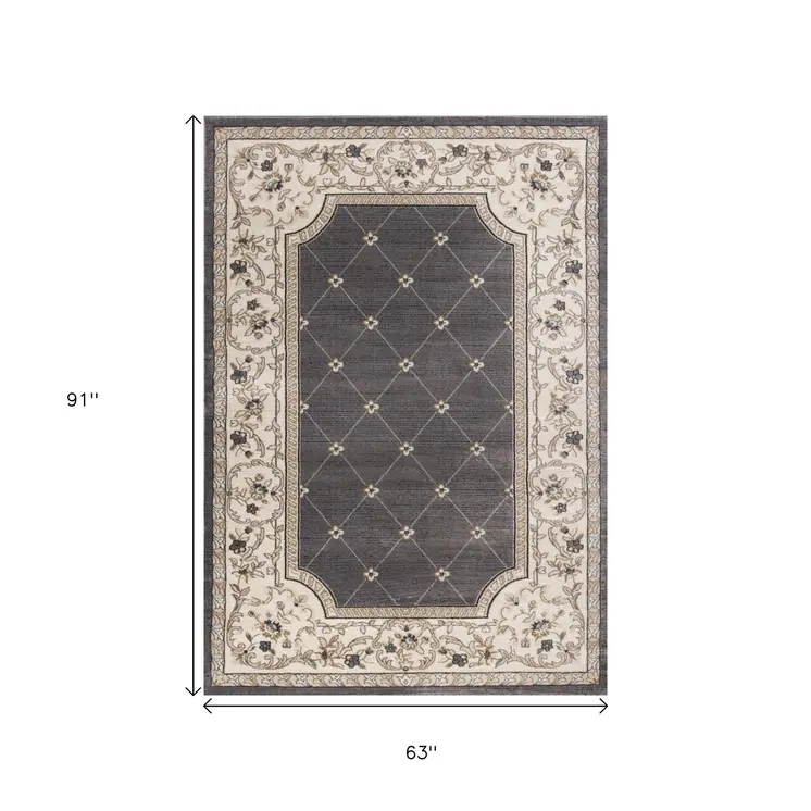 5' X 8' Gray And Ivory Floral Area Rug