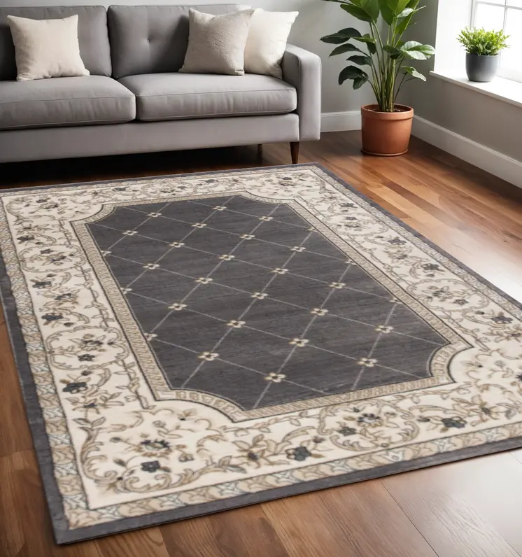 5' X 8' Gray And Ivory Floral Area Rug