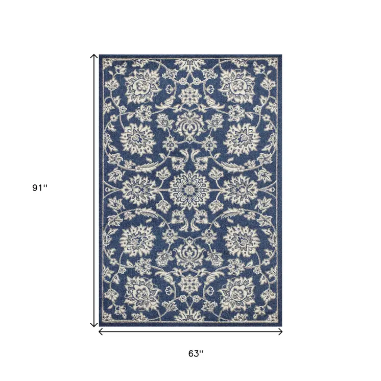 5' X 8' Denim Floral Vines Uv Treated Area Rug