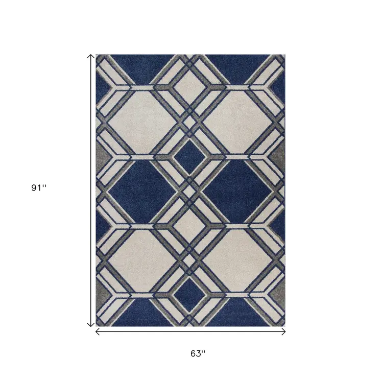 5' X 8' Ivory Or Denim Geometric Diamond Uv Treated Area Rug