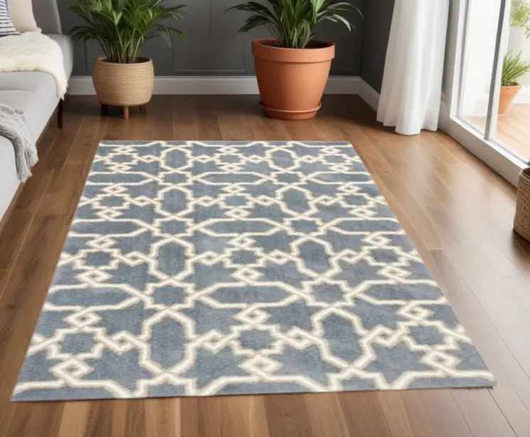 3' X 5' Slate Blue And Ivory Geometric Area Rug