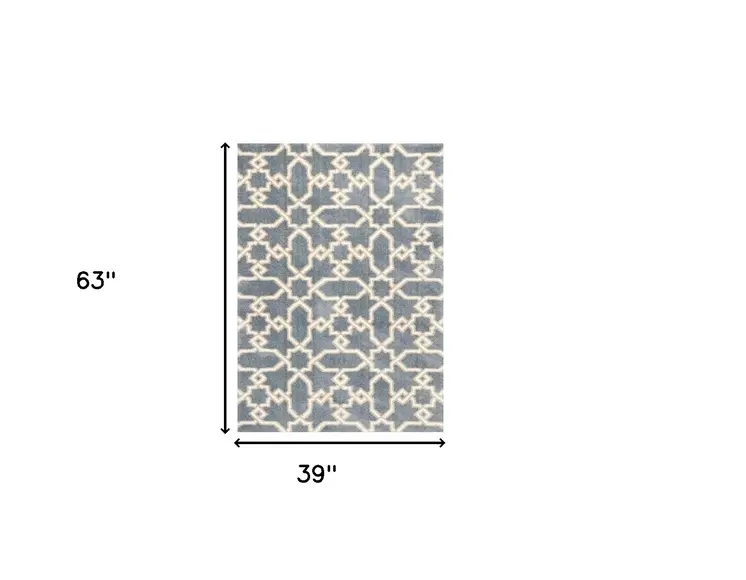 3' X 5' Slate Blue And Ivory Geometric Area Rug