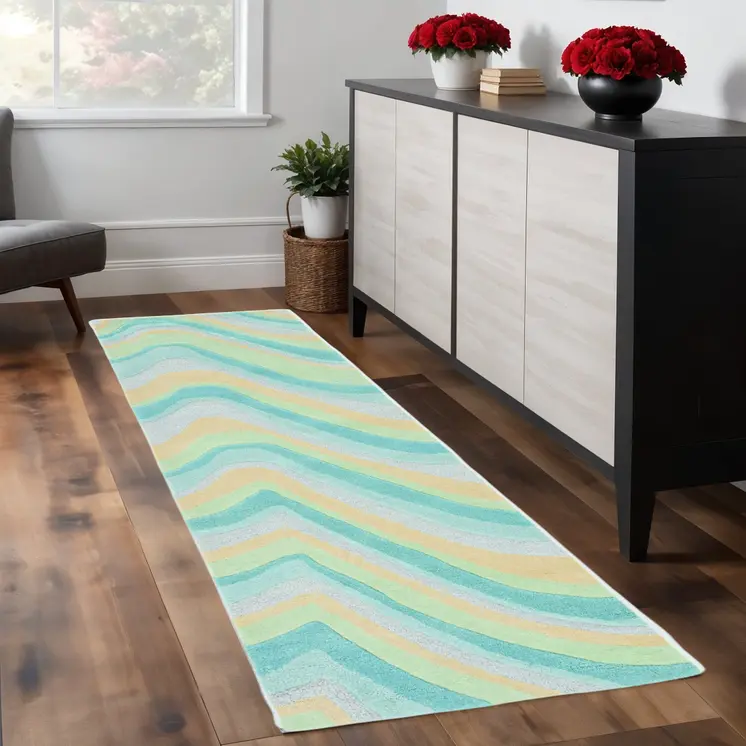 8' Ocean Blue Beige Hand Tufted Abstract Waves Indoor Runner Rug
