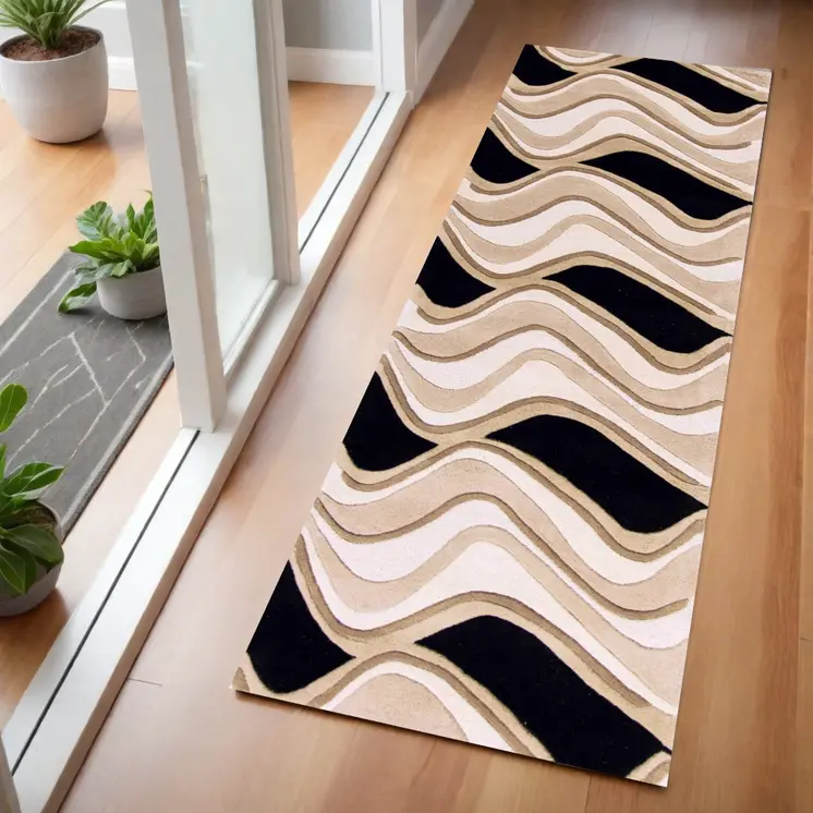 2' X 7' Black Or Beige Abstract Waves Wool Runner Rug