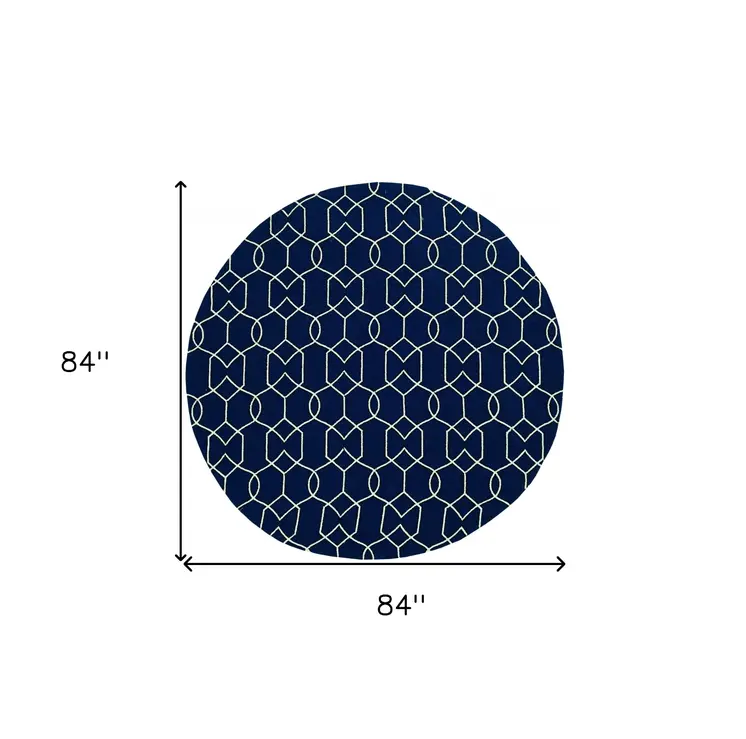 7' Navy Blue And White Round Moroccan Handmade Indoor Outdoor Area Rug