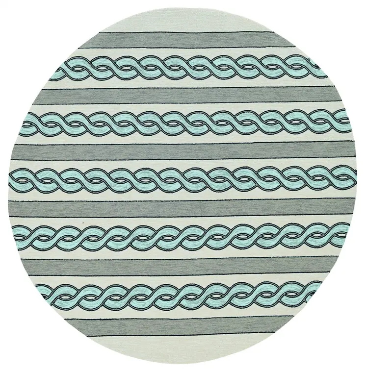 7' Ivory And Blue Round Abstract Handmade Indoor Outdoor Area Rug