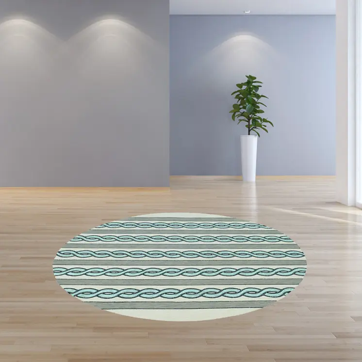 7' Ivory And Blue Round Abstract Handmade Indoor Outdoor Area Rug