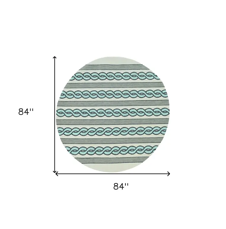 7' Ivory And Blue Round Abstract Handmade Indoor Outdoor Area Rug