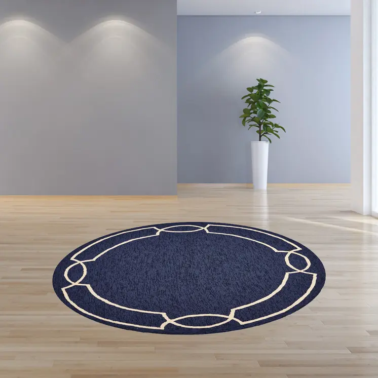 7' Blue And Ivory Round Geometric Handmade Indoor Outdoor Area Rug