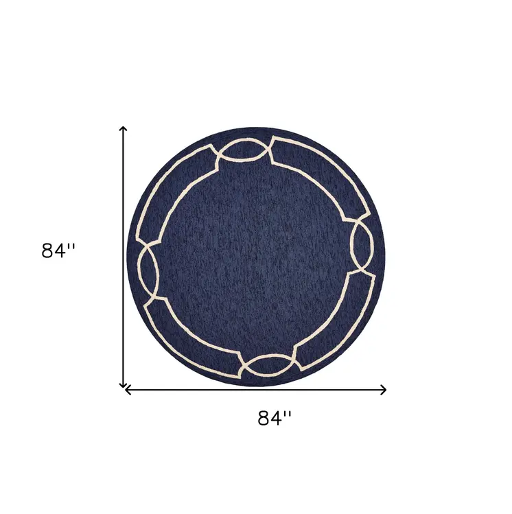 7' Blue And Ivory Round Geometric Handmade Indoor Outdoor Area Rug