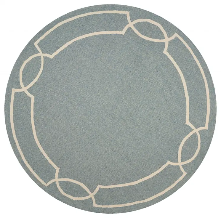7' Sky Blue And Ivory Round Geometric Handmade Indoor Outdoor Area Rug