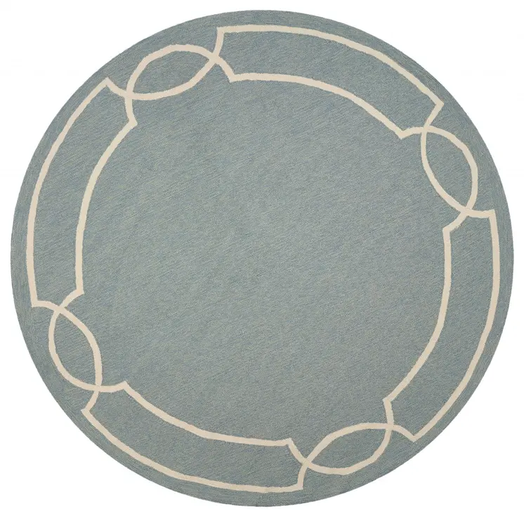 7' Sky Blue And Ivory Round Geometric Handmade Indoor Outdoor Area Rug