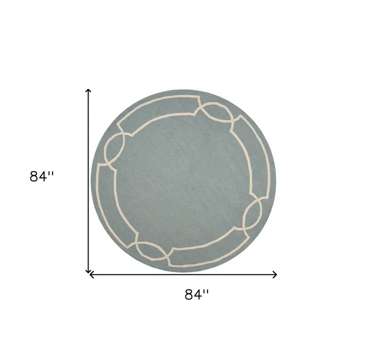 7' Sky Blue And Ivory Round Geometric Handmade Indoor Outdoor Area Rug