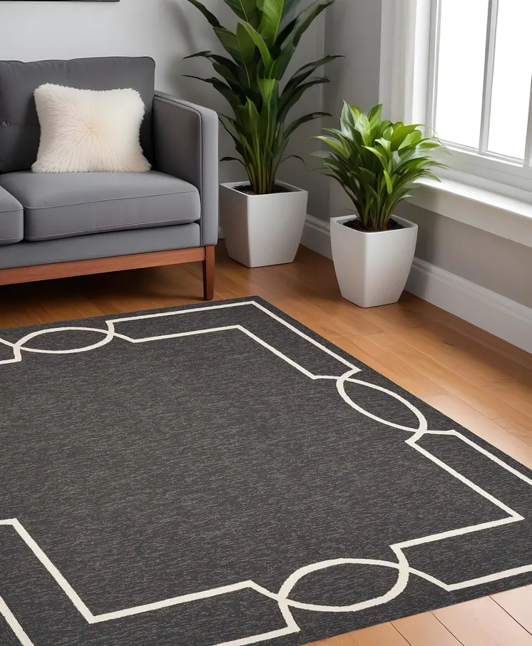 7' Onyx And White Square Geometric Handmade Indoor Outdoor Area Rug