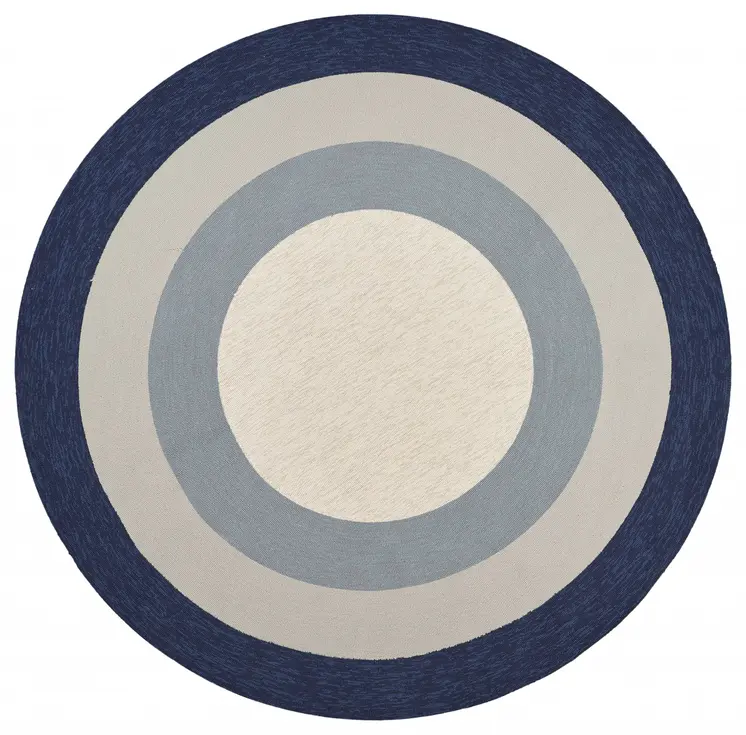 7' Navy Blue Gray And Ivory Round Geometric Handmade Indoor Outdoor Area Rug
