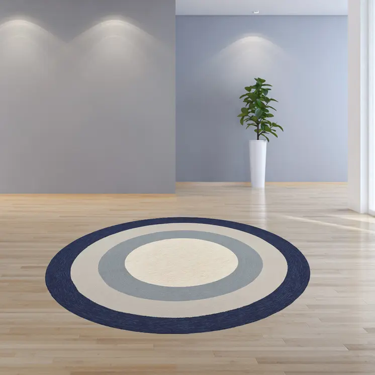 7' Navy Blue Gray And Ivory Round Geometric Handmade Indoor Outdoor Area Rug