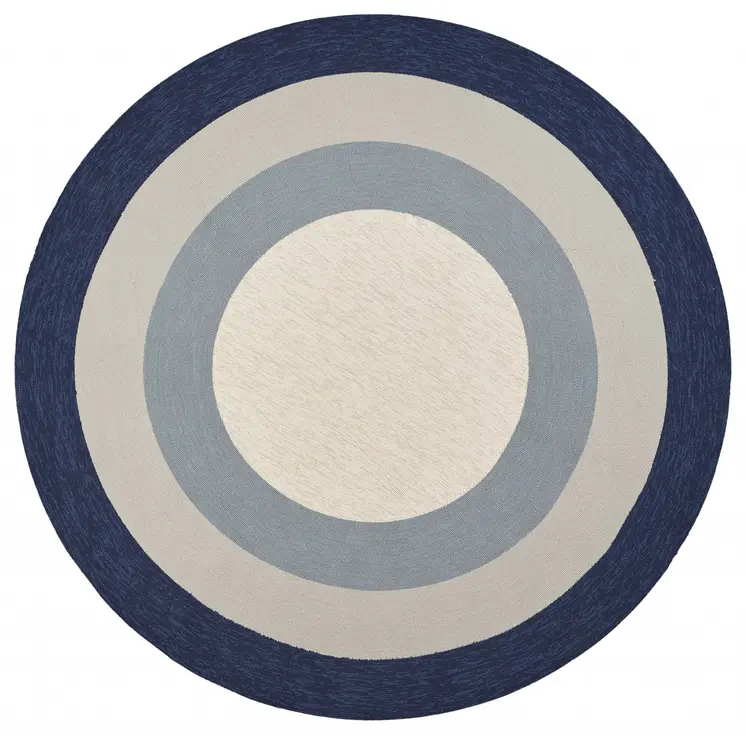 7' Navy Blue Gray And Ivory Round Geometric Handmade Indoor Outdoor Area Rug