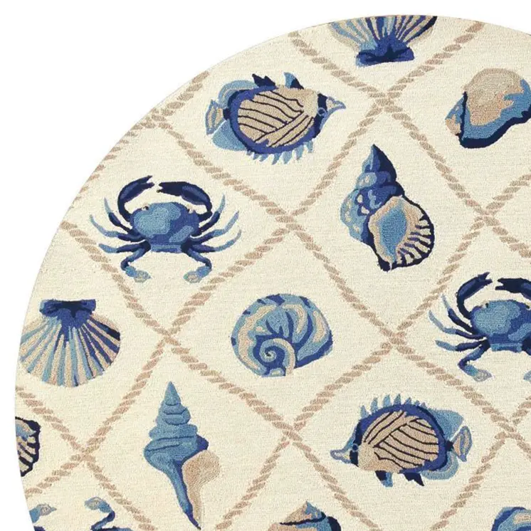 8' Beige Blue And Sand Round Seashell Handmade Indoor Outdoor Area Rug