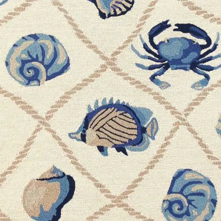 8' Beige Blue And Sand Round Seashell Handmade Indoor Outdoor Area Rug